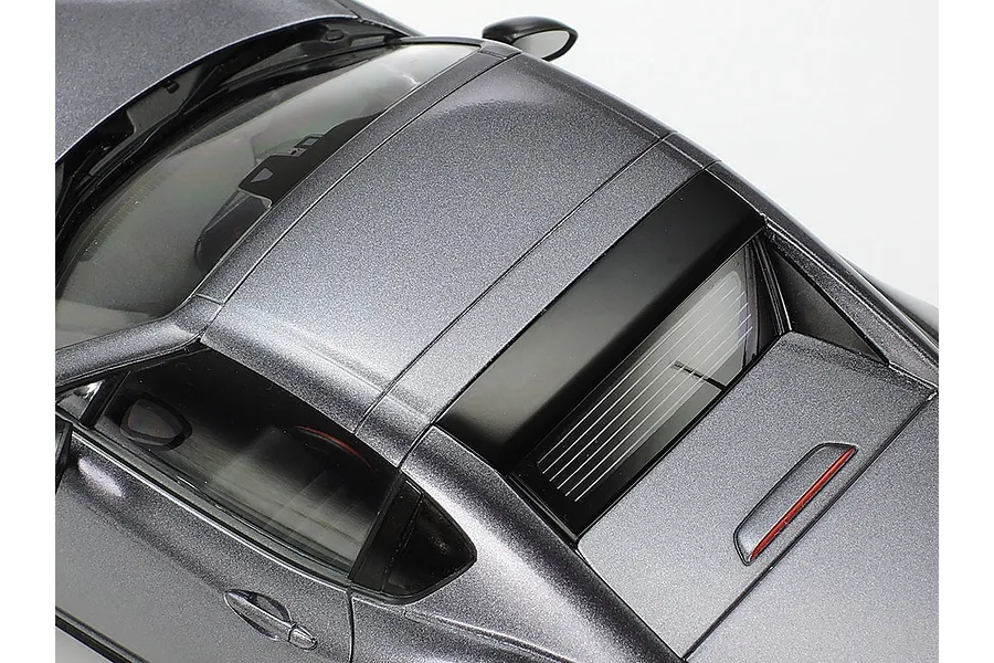 High angle close-up of the roof and rear deck of a metallic grey Tamiya 1/24 Mazda Roadster RF model car.