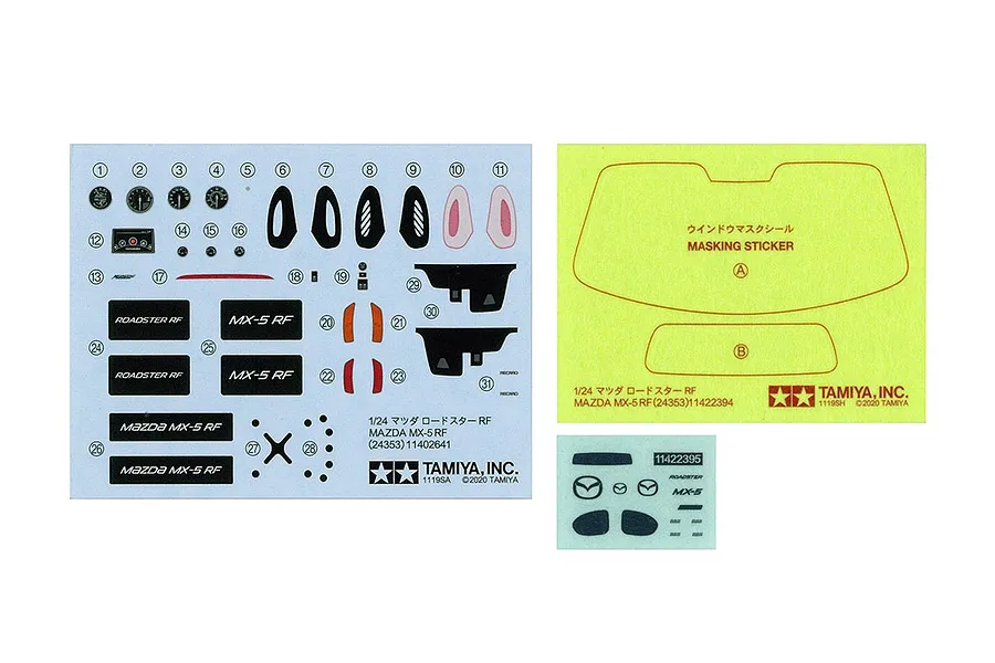 A set of decal and masking sticker sheets for the Tamiya 1/24 Mazda Roadster RF model kit, featuring various dashboard, emblem, and window mask graphics.
