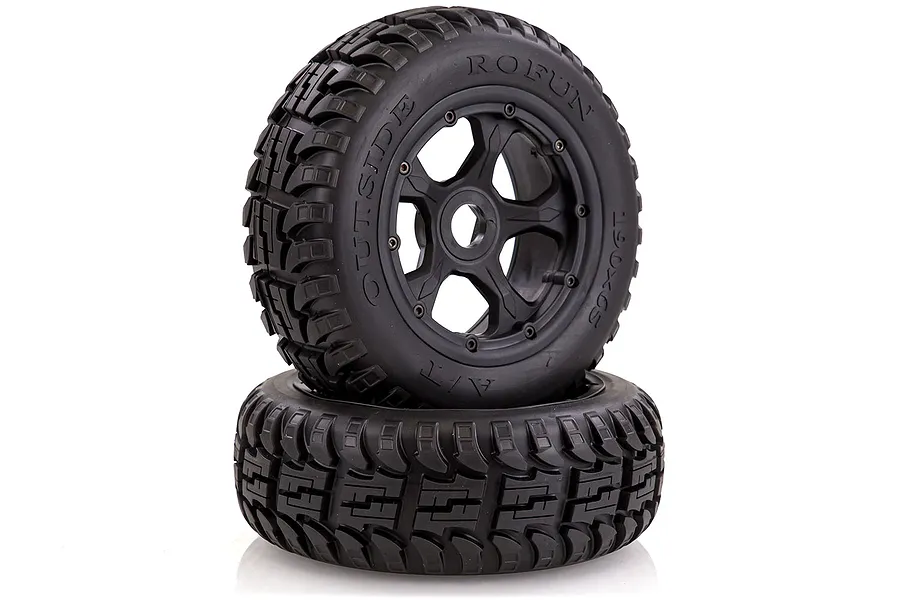 Rovan 4.7/5.5&amp;quot; Baja 5T/5SC Front All Terrain Tyres on Black Rims - Beadlocked Wheels 2Pcs image 42566