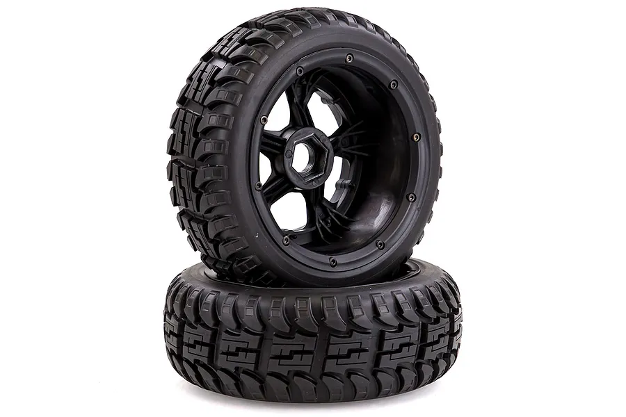 Rovan 4.7/5.5&amp;quot; Baja 5T/5SC Front All Terrain Tyres on Black Rims - Beadlocked Wheels 2Pcs image 42567