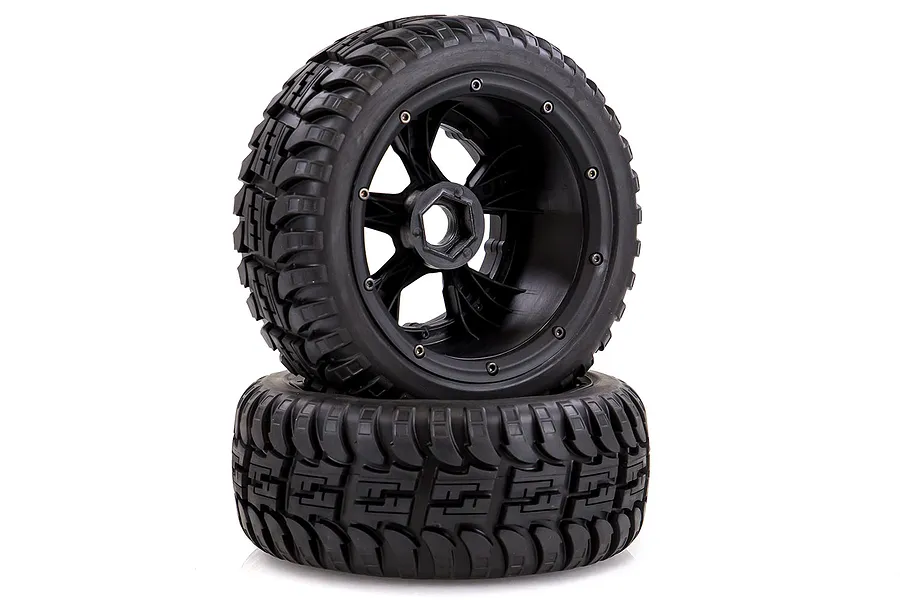 Rovan 4.7/5.5&amp;quot; Baja 5T/5SC Rear All Terrain Tyres on Black Rims - Beadlocked Wheels 2Pcs image 42569
