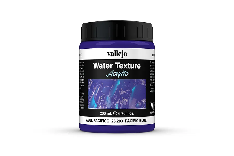 A 200ml jar of Vallejo Diorama Effects Pacific Blue water texture paste, featuring a black lid and a label with product details.