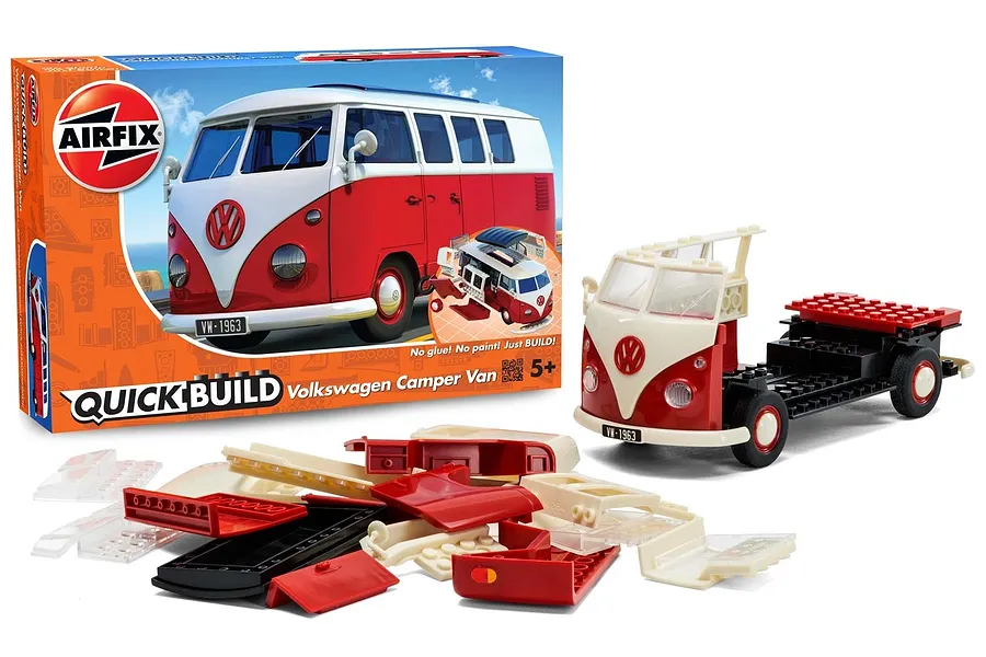 Airfix Quickbuild Volkswagen Kombi Camper Van model kit box with a partially assembled model and loose plastic building pieces on a white background.