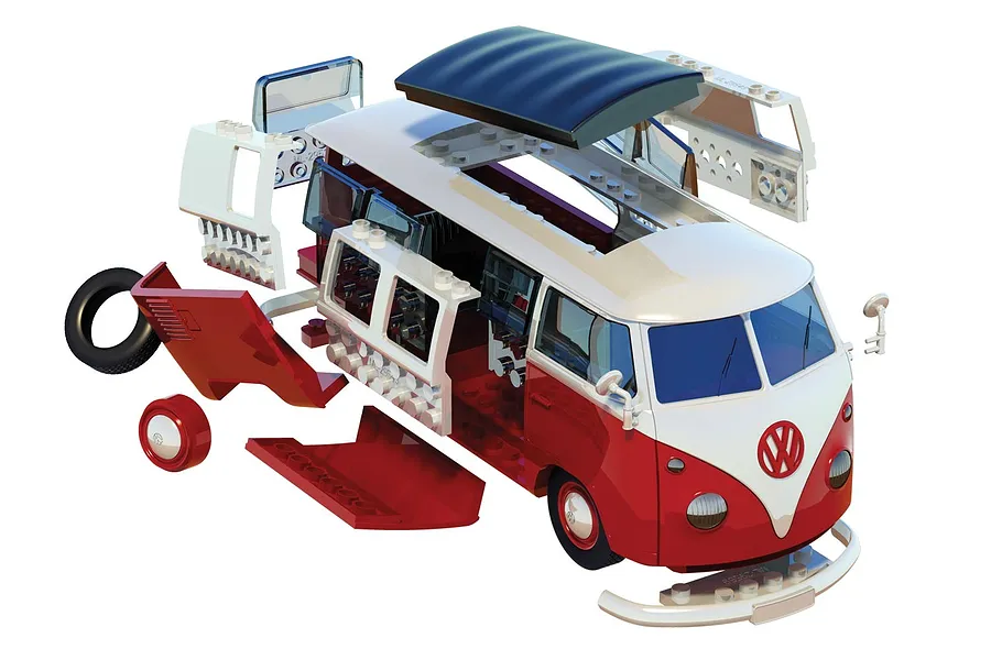 An exploded view of an Airfix Quickbuild Volkswagen Kombi Camper Van model kit showing red and white plastic components.