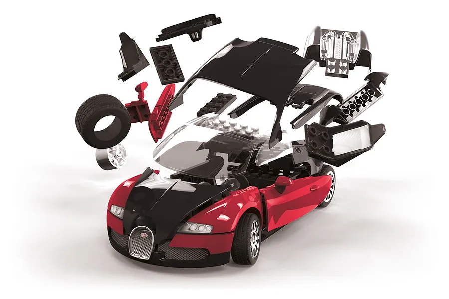 Exploded view of an Airfix Quickbuild Bugatti Veyron model kit showing red and black plastic components and assembly parts.
