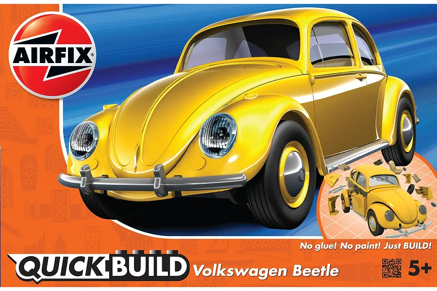 Airfix Quickbuild Volkswagen Beetle model kit packaging featuring a yellow VW Beetle car illustration on an orange and blue background.