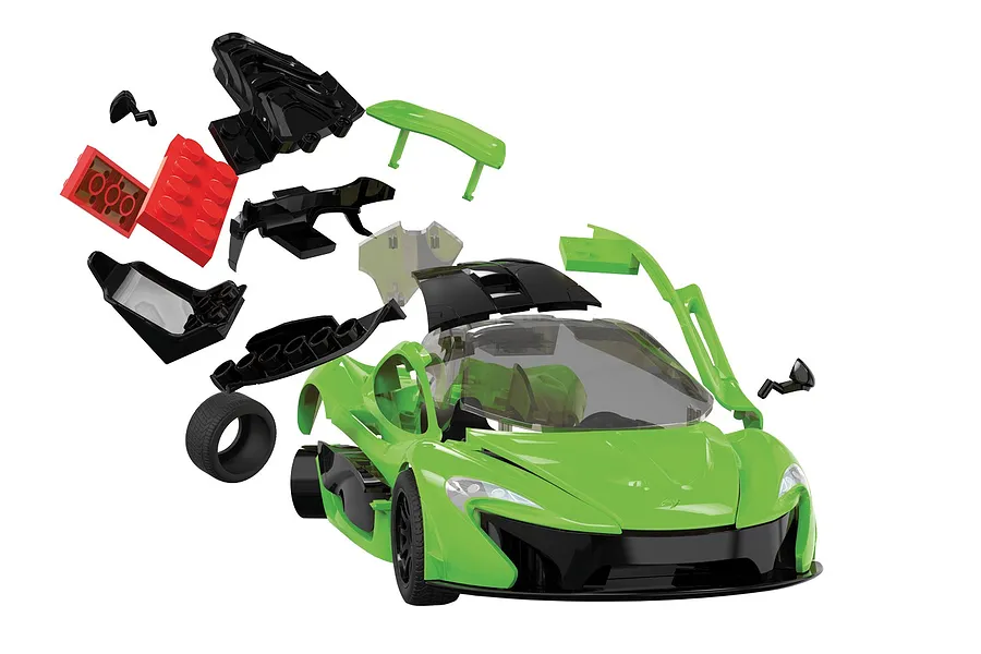 Exploded view of an Airfix Quickbuild McLaren P1 model kit in bright green, showing individual plastic components floating above the assembled car body.
