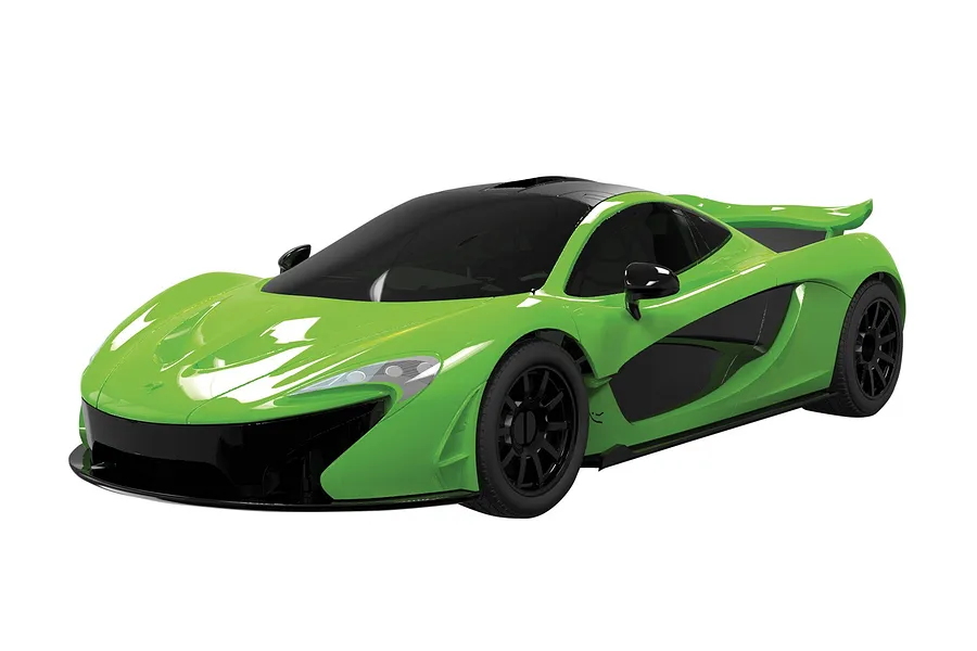 A studio shot of a bright green McLaren P1 model car with black wheels and roof, isolated on a white background.