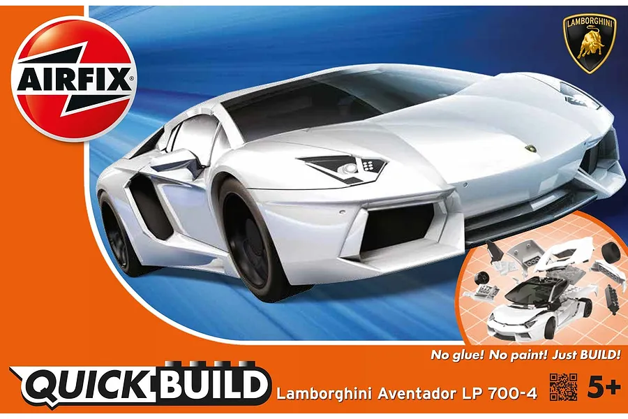 Airfix Quickbuild Lamborghini Aventador LP700-4 model kit packaging showing a white model car against a blue motion background.