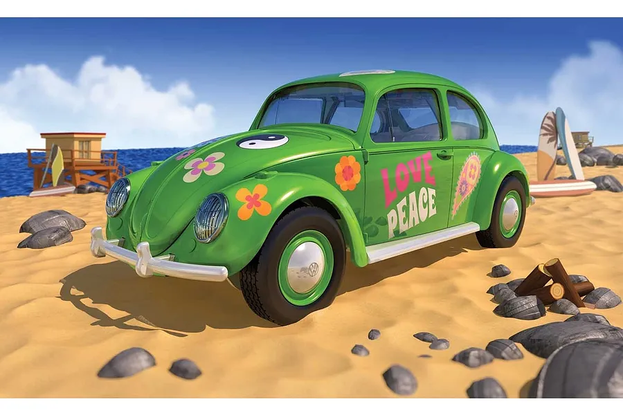 A green Volkswagen Beetle model car with flower power decals parked on a sandy beach with a surfboard and lifeguard tower in the background.