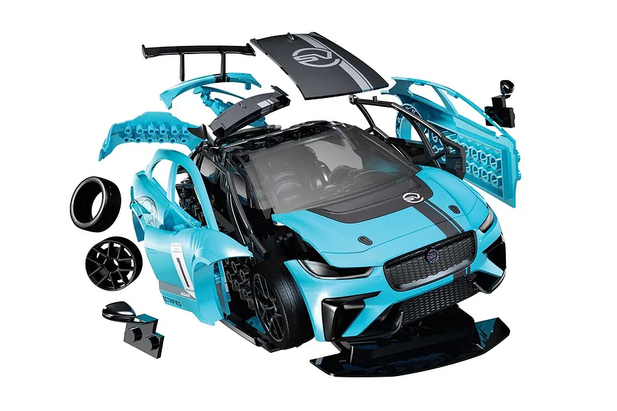 An exploded view of the Airfix Quickbuild Jaguar I-Pace eTrophy model kit showing the blue and black plastic components separated from the main body.