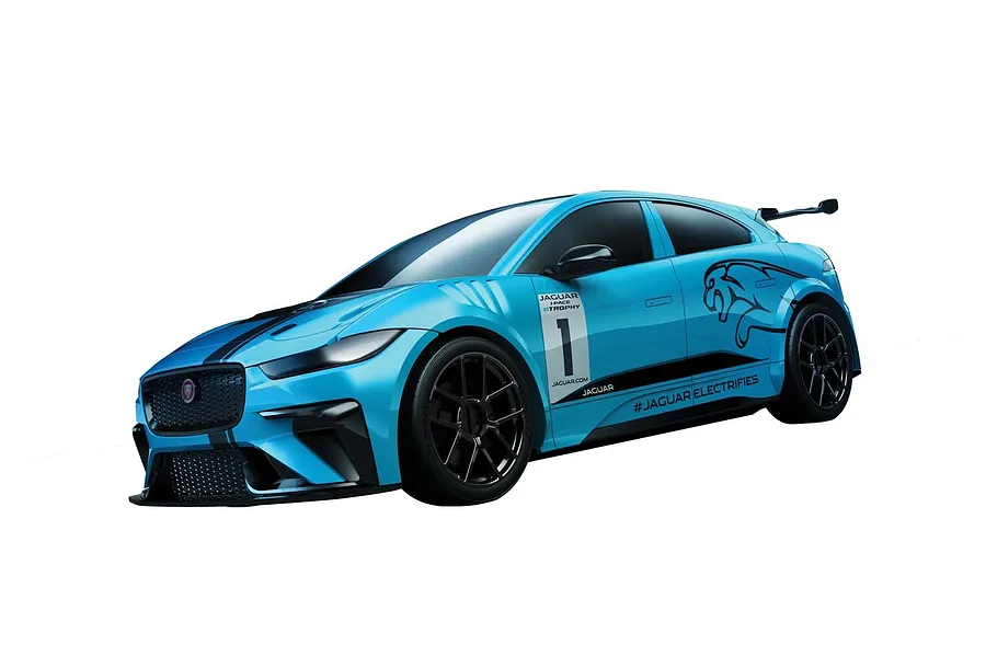A studio shot of a blue Airfix Quickbuild Jaguar I-Pace eTrophy model car, featuring black racing stripes, decals, and black wheels against a white background.