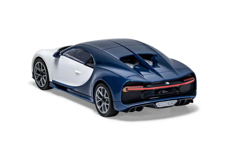 Rear three-quarter view of an Airfix Quickbuild Bugatti Chiron model car in blue and white.