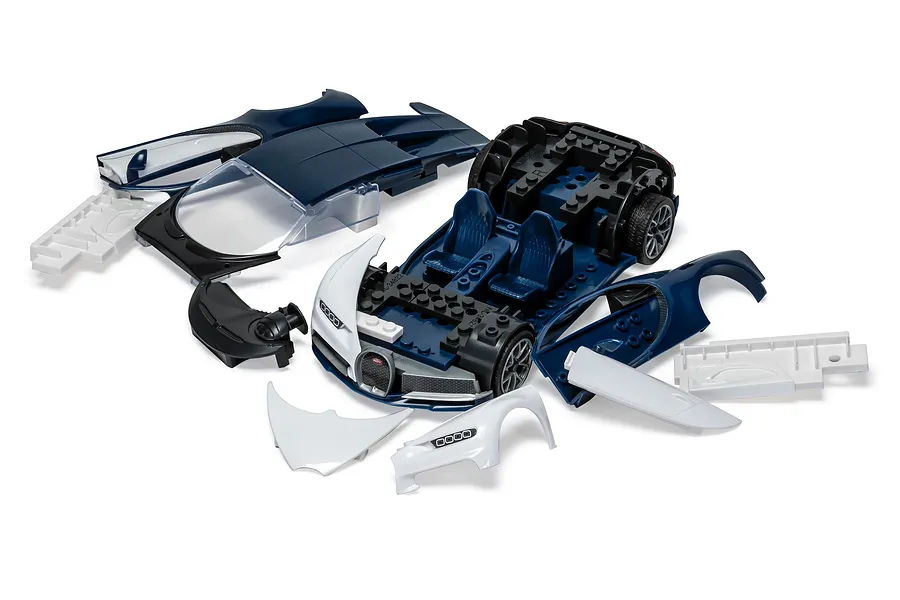 Disassembled Airfix Quickbuild Bugatti Chiron model kit showing the chassis, body panels, and interior components on a white background.