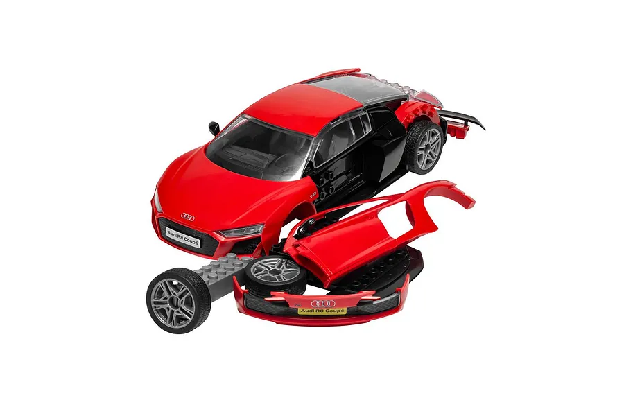 A partially assembled red Airfix Quickbuild Audi R8 Coupe model car showing its modular plastic construction on a white background.