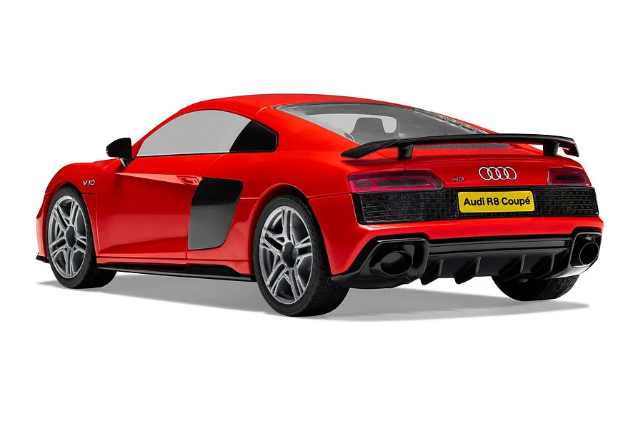 A rear three-quarter view of a red Audi R8 Coupe model car on a white background.