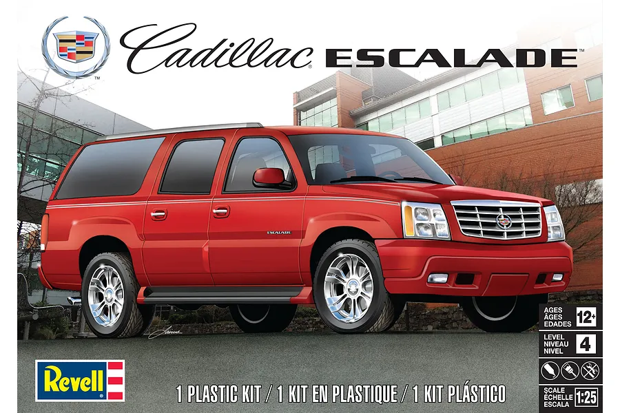 Box art for a Revell 1/25 scale Cadillac Escalade plastic model kit showing a red SUV parked in front of a building.
