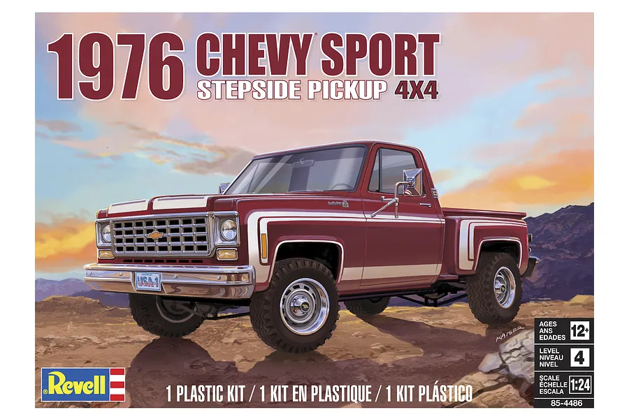 Box art for a Revell 1/24 scale 1976 Chevy Sport Stepside Pickup model kit showing a red truck in a desert landscape.