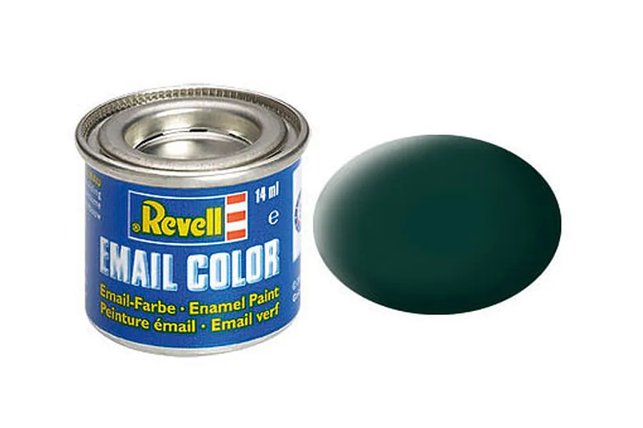 A 14ml tin of Revell Email Color matte black green enamel paint next to a dark green color swatch.