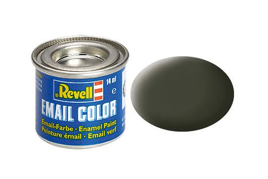 A 14ml tin of Revell Email Color enamel paint in matte olive yellow, shown with a sample paint swatch.