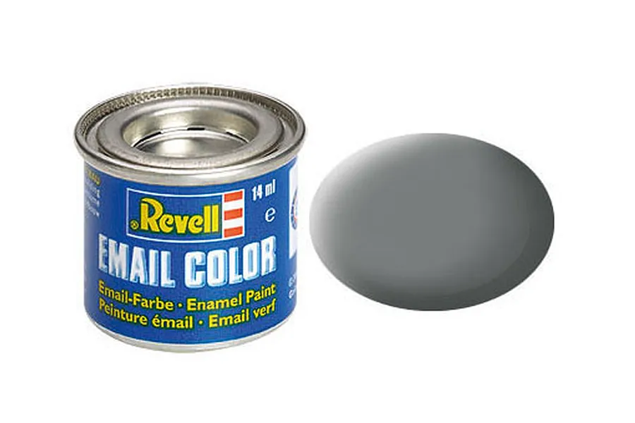 A 14ml tin of Revell Matte Mouse Grey enamel paint next to a grey color swatch.