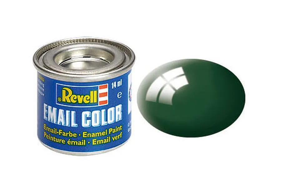 A 14ml tin of Revell Email Color enamel paint in gloss sea green, shown with a glossy green paint swatch next to it.