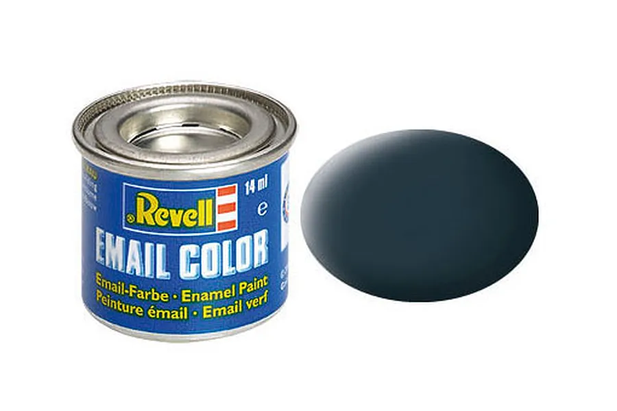 A 14ml tin of Revell Email Color enamel paint in matte granite grey, shown with a circular color swatch next to it.