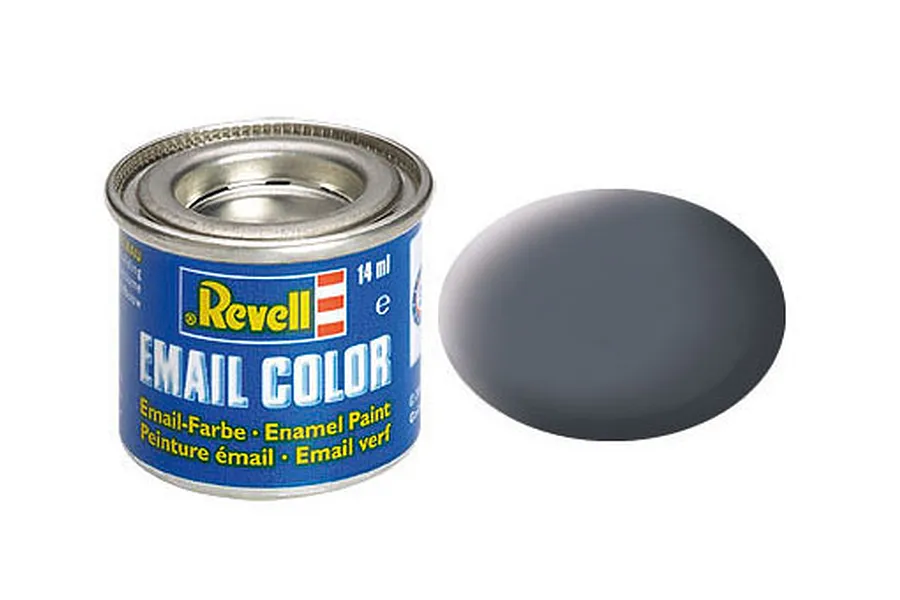 A 14ml tin of Revell Matte Dust Grey enamel paint, shown with a sample swatch of the grey colour next to it.