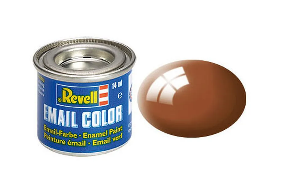 A 14ml tin of Revell Email Color enamel paint in Mud Brown, shown next to a glossy brown paint swatch.
