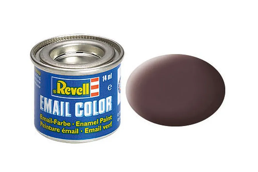A 14ml tin of Revell Email Color enamel paint in Matte Leather Brown, shown with a brown paint swatch next to it.