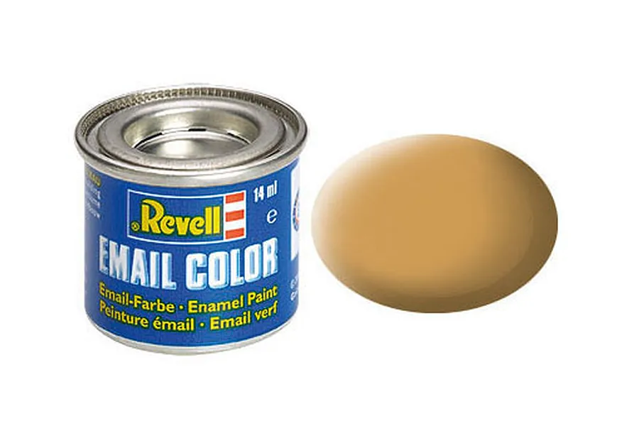 A 14ml tin of Revell Email Color enamel paint in matte ochre brown, shown next to a circular swatch of the paint color.
