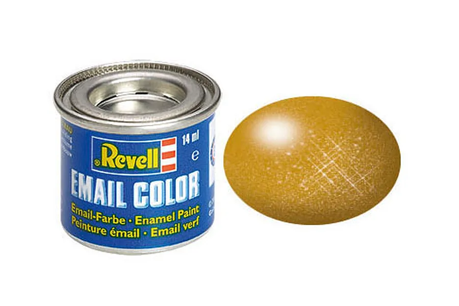 A 14ml tin of Revell Metallic Brass enamel paint next to a metallic brass-coloured paint swatch.