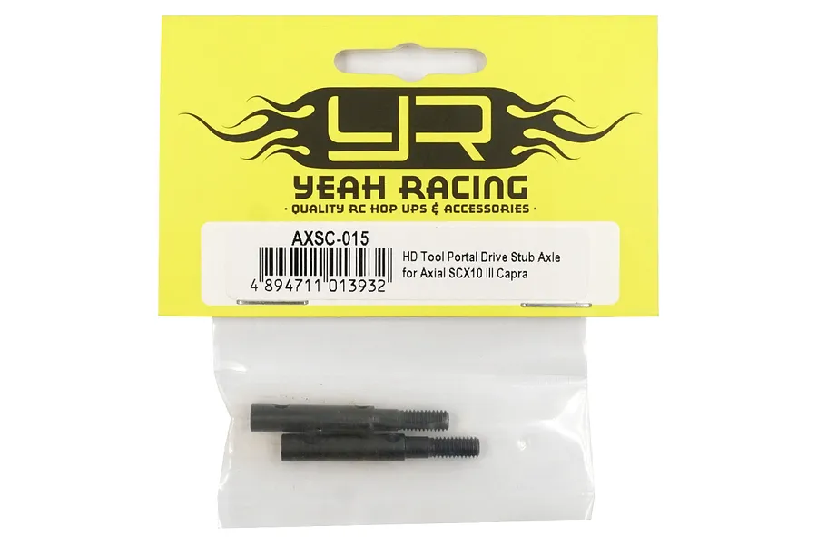 Yeah Racing HD Steel Portal Stub Axles for Axial SCX10 III and Capra in original yellow and black retail packaging.
