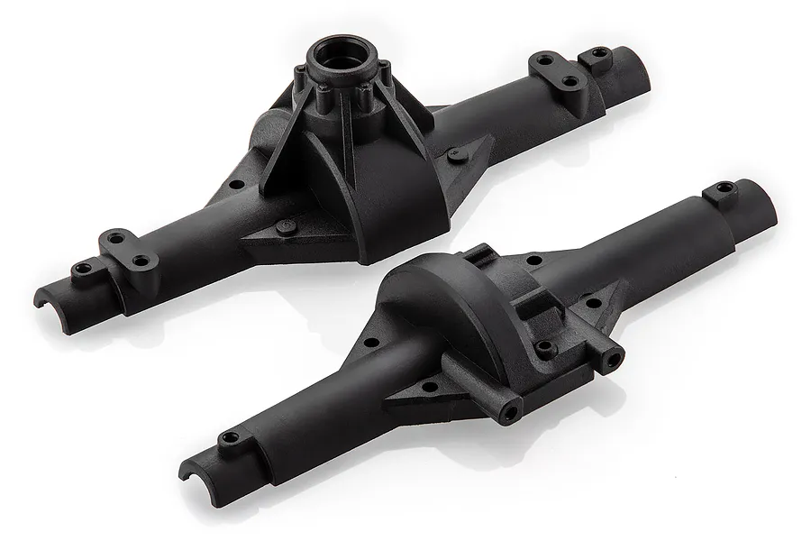 Two black plastic RC car axle housing components shown from different angles on a white background.
