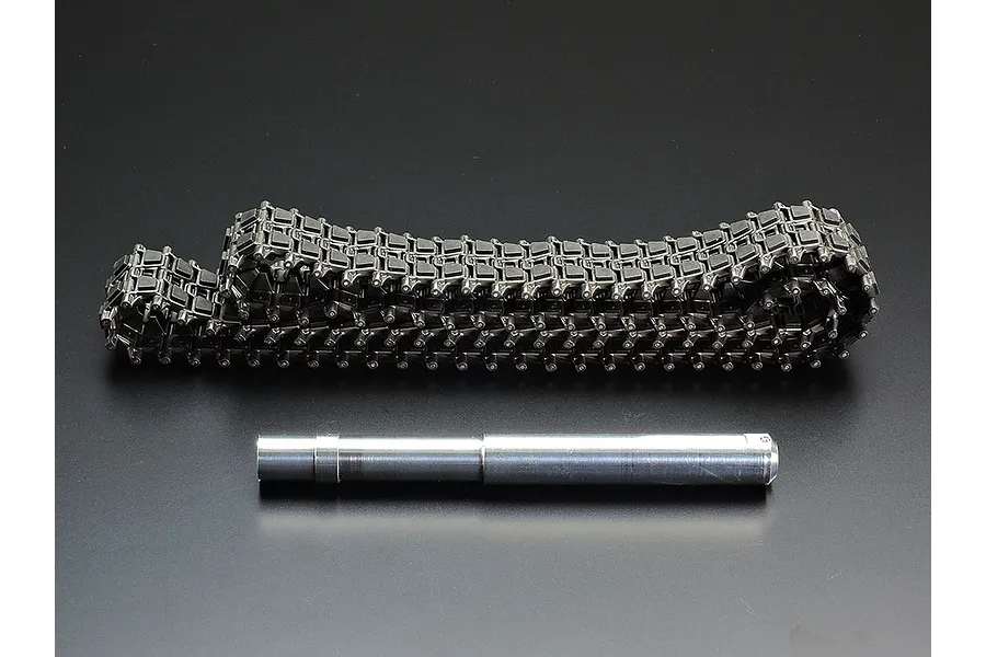 A single metal tank track assembly and a cylindrical metal axle pin on a dark background.