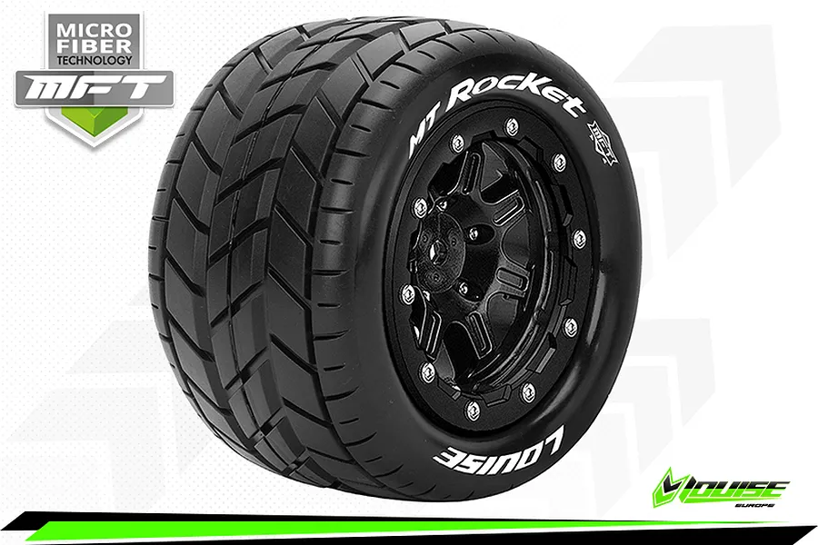 Louise 3.3&amp;quot; 1/10 Maxx 4S MT-Rocket MFT Tyres on (1/2 Offset) Black Rims - Beadlocked Wheels 2Pcs image 43855