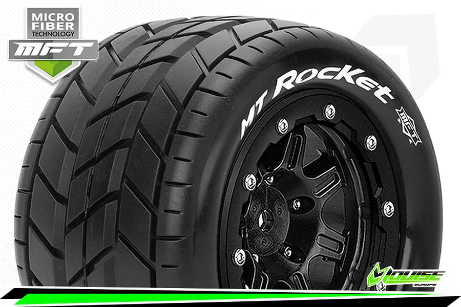 Louise 3.3&amp;quot; 1/10 Maxx 4S MT-Rocket MFT Tyres on (1/2 Offset) Black Rims - Beadlocked Wheels 2Pcs image 43856
