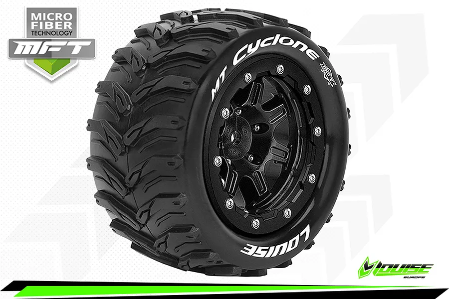 Louise 3.3&amp;quot; 1/10 Maxx 4S MT-Cyclone MFT Tyres on (1/2 Offset) Black Rims - Beadlocked Wheels 2Pcs image 43863