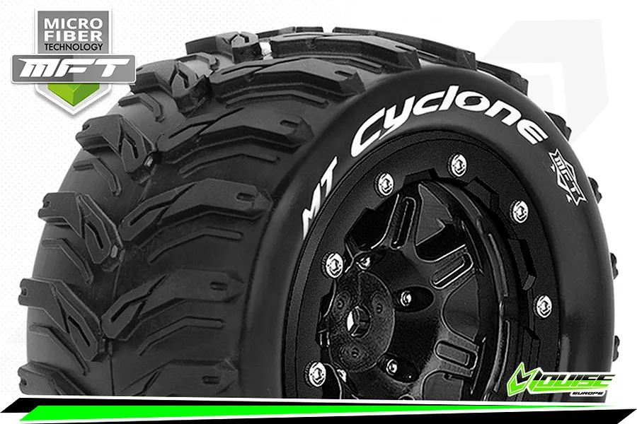 Louise 3.3&amp;quot; 1/10 Maxx 4S MT-Cyclone MFT Tyres on (1/2 Offset) Black Rims - Beadlocked Wheels 2Pcs image 43864