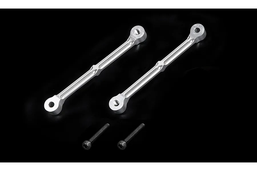 Two silver aluminium RC shock tower braces and two black socket head screws on a black background.