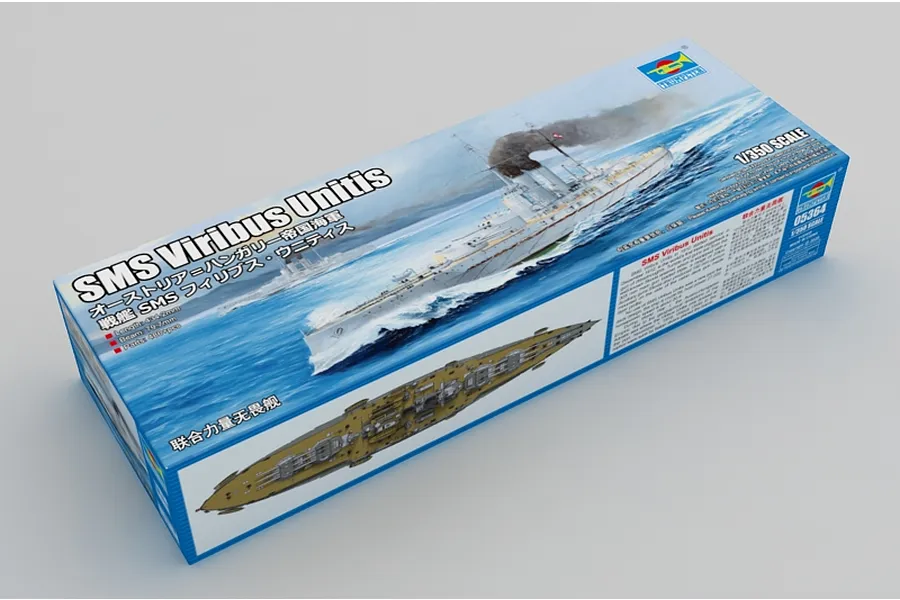 Trumpeter 1/350 scale SMS Viribus Unitis battleship plastic model kit box showing artwork of the ship at sea and a top-down view of the deck.