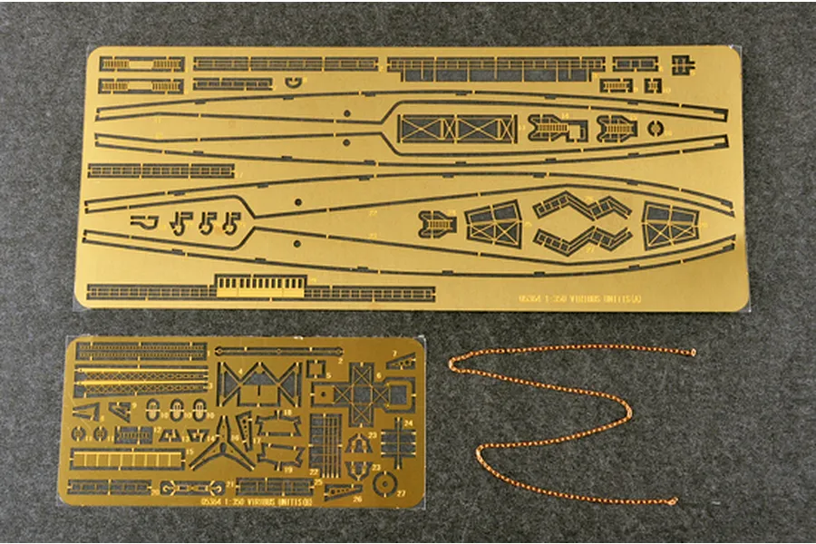 Two photo-etched brass detail sheets and a length of metal chain for a 1/350 scale SMS Viribus Unitis model kit.