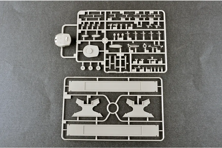 Two grey plastic model kit sprues containing various small parts and display stand components for a 1/350 scale battleship model.