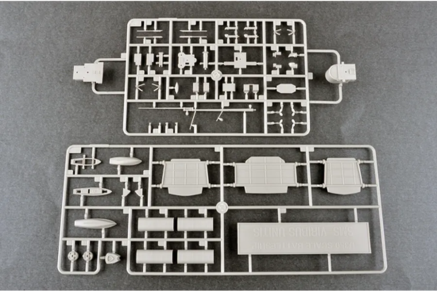 Two grey plastic model kit sprues for a 1/350 scale SMS Viribus Unitis battleship model, showing various ship parts and a nameplate.