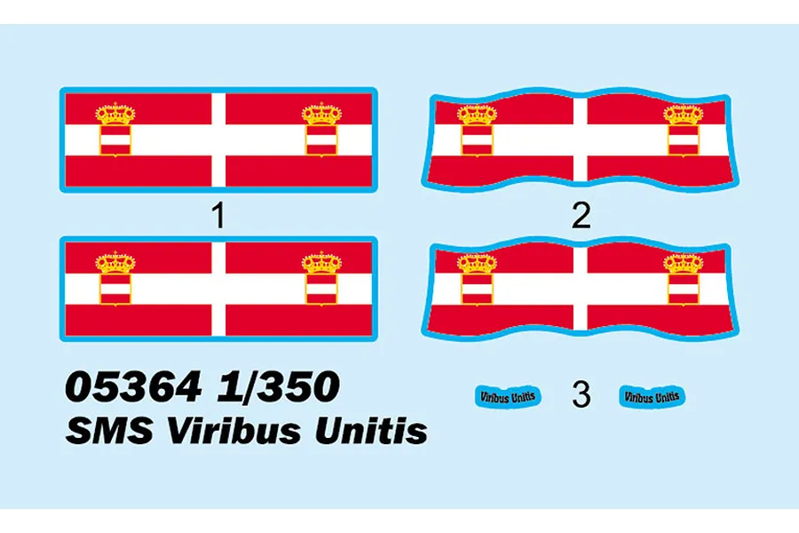 A decal sheet for the 1/350 scale Trumpeter SMS Viribus Unitis model kit, featuring Austro-Hungarian naval flags and nameplate decals.