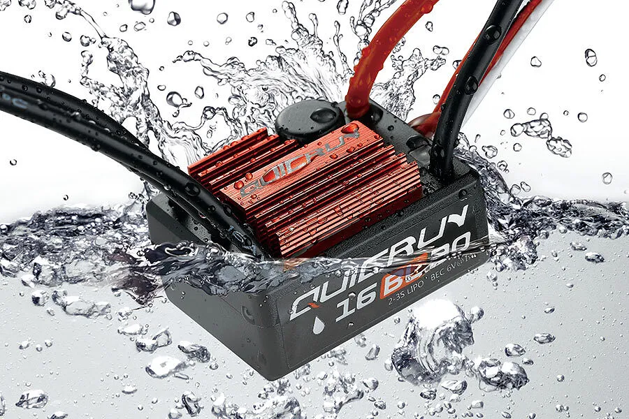 Hobbywing QUICRUN 16BL30 waterproof brushless ESC submerged in water with splashing droplets.