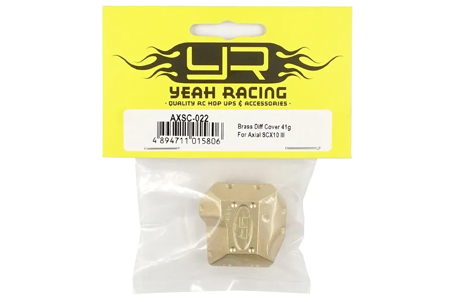 Yeah Racing brass differential cover for Axial SCX10 III in original yellow and clear plastic retail packaging.