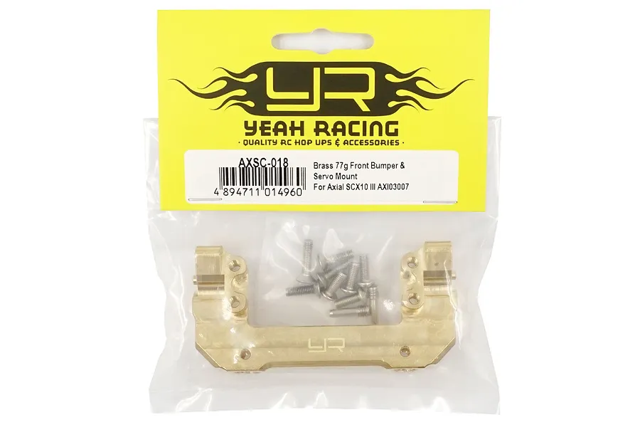 Yeah Racing brass front bumper and servo mount for Axial SCX10 III in original yellow and clear plastic packaging.