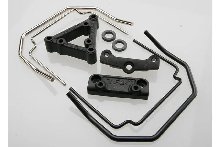 Traxxas Revo sway bar mount set including black plastic mounts, metal sway bars, and small washers on a white background.