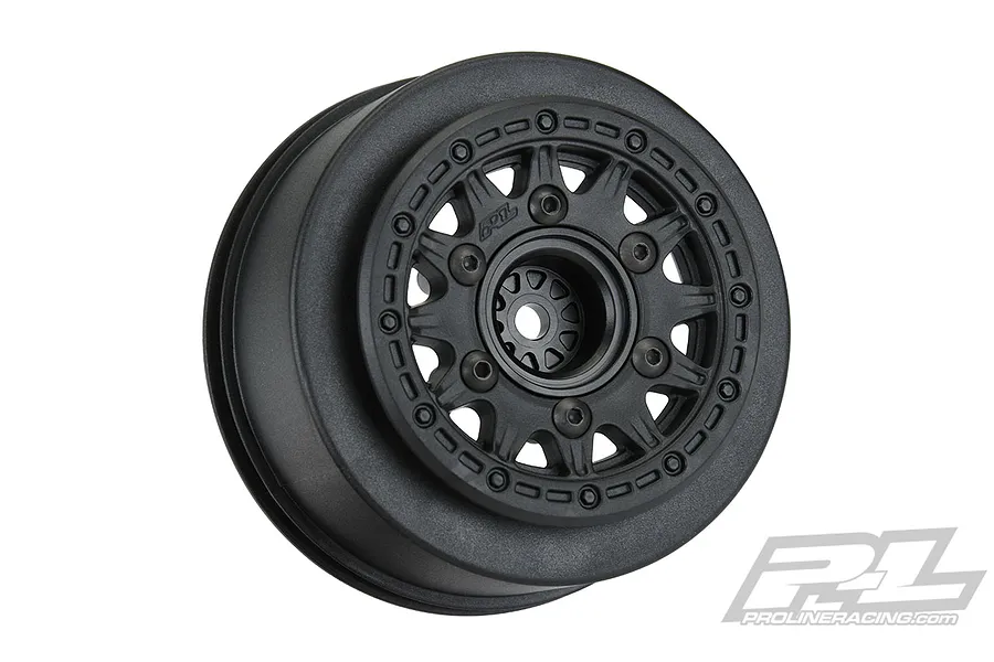 A single black Pro-Line Raid 2.2/3.0 inch RC short course wheel rim featuring a beadlock-style design and removable hex hub.